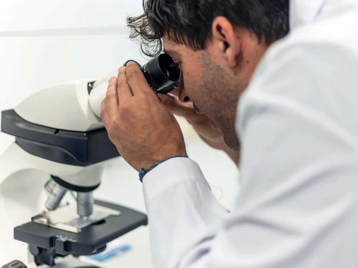 Laboratuvarda mikroskopla inceleme yapan araştırmacı